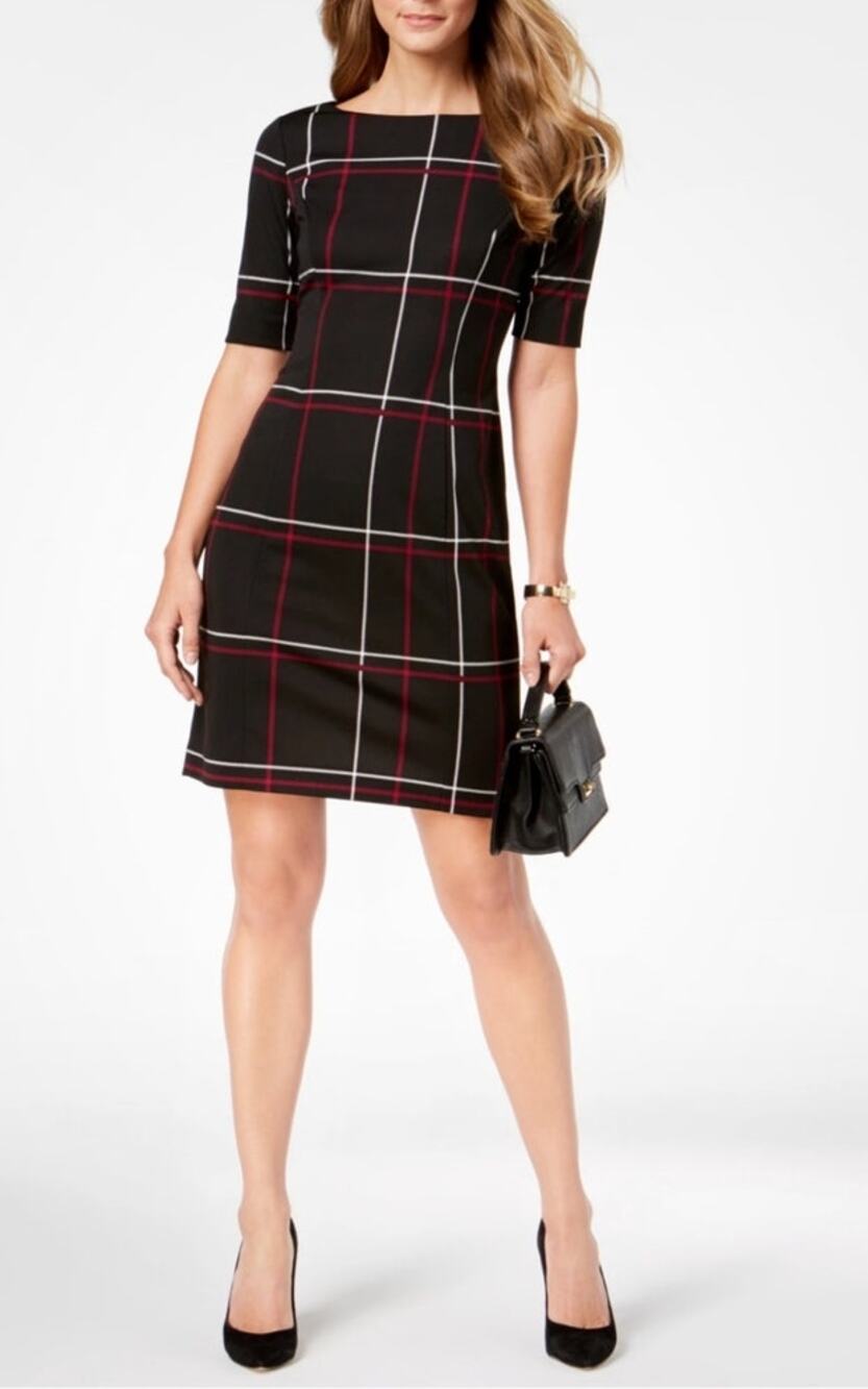 ALFANI Dress Black Burgundy Fitted Windowpane Plaid 4P 2 Career Work